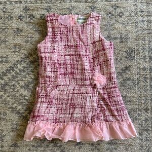 Cherokee Pink and White Bouclé Girls Dress with Flower Detail